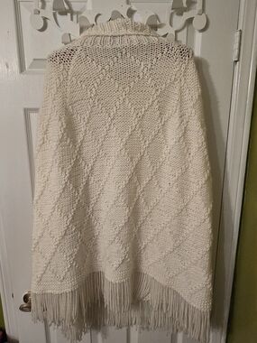 Cream Fringe Knit Poncho Sweater
